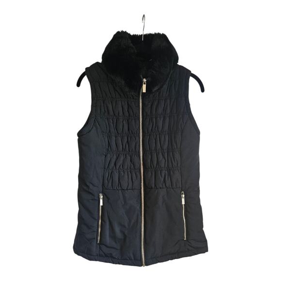 Calvin Klein Womens M Vest Black Faux Fur Collar Gold Zip Pockets Smocking - Picture 1 of 11